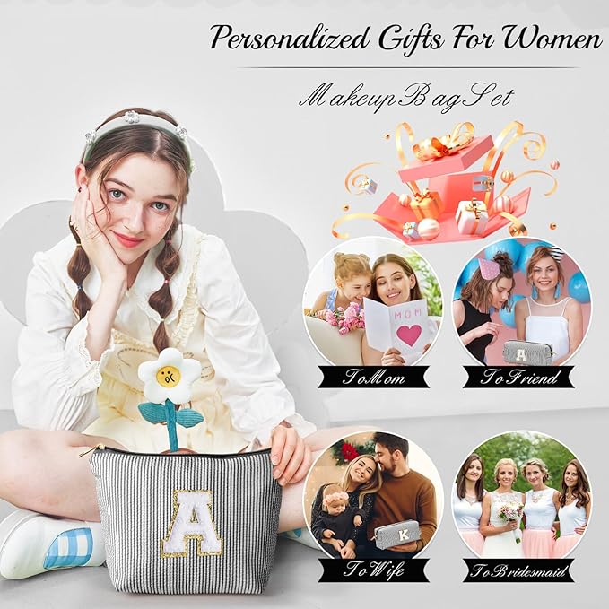 YOOLIFE Gifts - Personalized Mother's Day, Graduation & Birthday Gifts for Women & Girls - Monogram Initial Black Cute Makeup Bag Cosmetic Toiletry Pouch Make Up Case