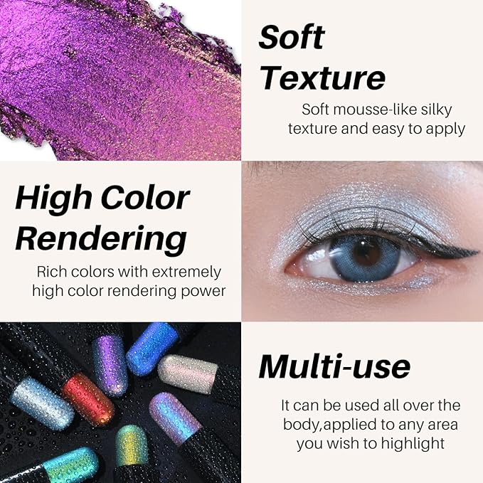 CHARMACY New Duochrome Long Stay Eyeshadow Stick, Creamy Eye Shadow Stick, Multicolor-Shifting Glitter Eyeshadow, Waterproof & Smudge-Proof, High Pigmented, Built-in Smudger #01