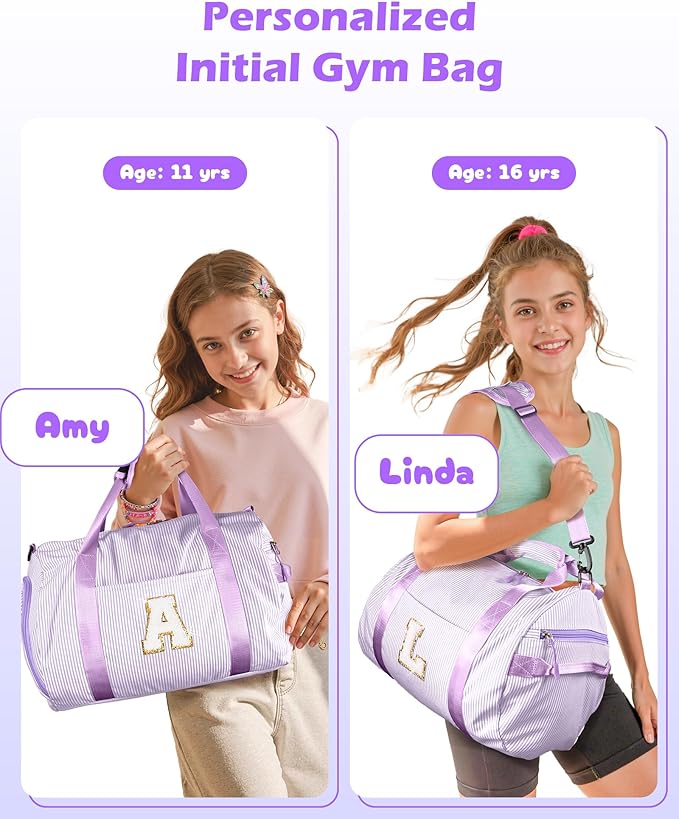 Trendy Gifts for Preteen, Girls Travel Duffle Bag, Kids Initial Overnight Duffel Bags with Shoe Compartment, Personalized Dance Bag with Cosmetic Pouch, Cute Birthday Gift (Letter M)