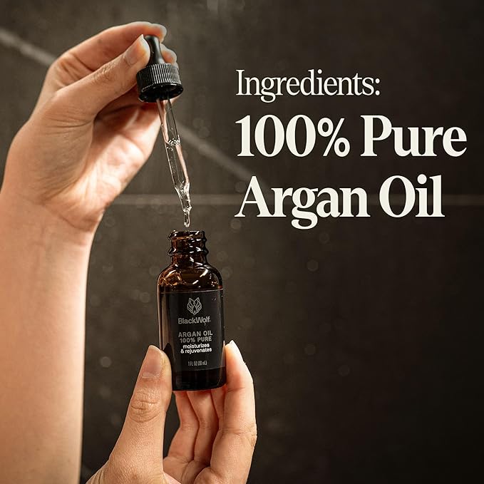 Black Wolf 100% Pure Argan Oil - Moisturizing & Rejuvenating Cold-Pressed Argan Oil for Hair, Face & Skin - Hydrating, Non-Greasy & Lightweight - Suitable for All Hair Types - 1 Fl Oz