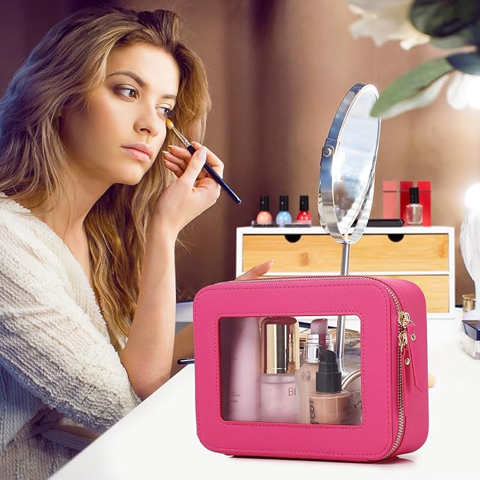Pinkmik Travel Clear Makeup Bag with Brush Case TSA Approved Toiletry Bag Waterproof Cosmetic Organizer with Zipper Car Essential for Women (X/Fuxia, M+SLIM)