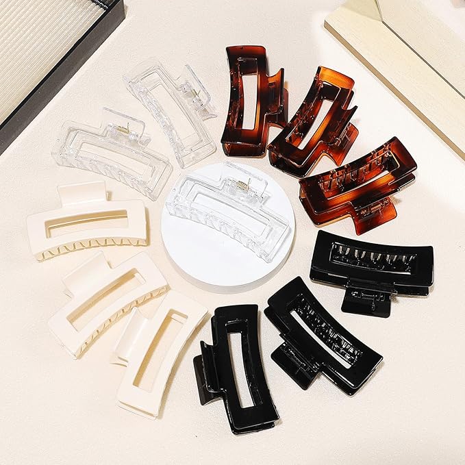 3.5 Inch Medium Square Claw Hair Clips, 12 Pcs Transparent, Amber, Glossy Black for Thick and Thin Hair - Hair Accessories for Women and Girls
