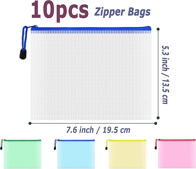 AUSTARK 10 Pcs Zipper File Bags, Waterproof Plastic Mesh Pouch for Office School, Board Game Storage Bags (B6 Size 7.6''x5.3'', Multicolored)