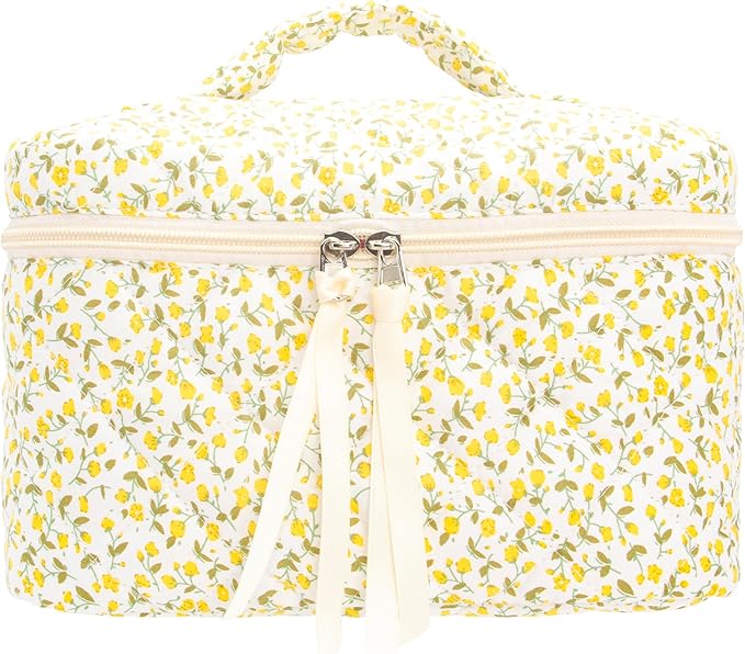 PAZIMIIK Quilted Makeup Bag Large Travel Zipper Soft Cosmetic Case for Women Girls Make Up,Floral Yellow