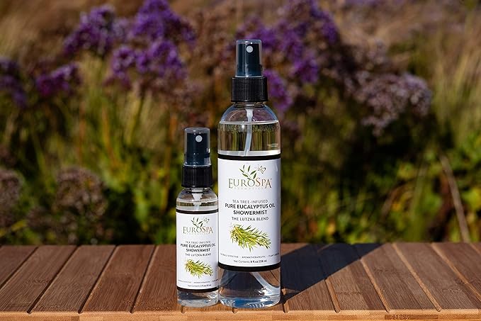 EuroSpa Aromatics Pure Eucalyptus Oil ShowerMist and Steam Room Spray, All-Natural Premium Aromatherapy Essential Oils - Tea Tree Infused, 8oz, 2 Pack