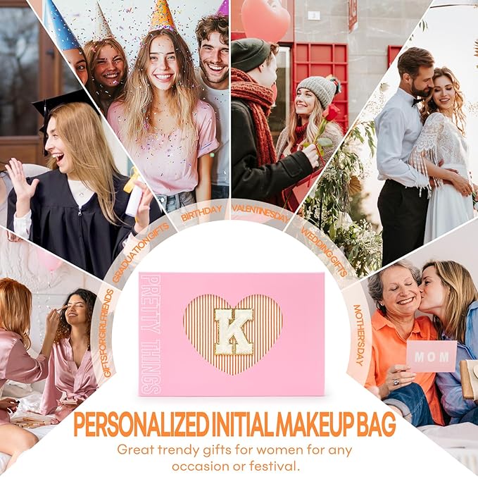 2 PCS Initial Makeup Bags for Women: Cosmetic Bag for Travel Toiletry - Birthday Gifts for 11 12 13 14 15 16 17 18 Years Old Girl Graduation Teacher Gift- Teen Girl Gifts Trendy Stuff - Orange K