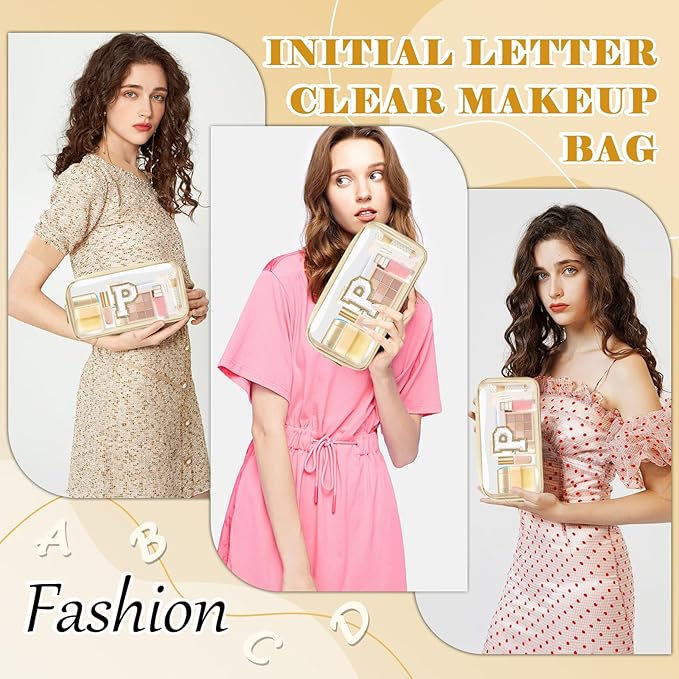 Personalized Initial Letter Clear Makeup Bag,Preppy Small Nylon&PVC Cosmetic Zipper Bag with Chenille Letter,Portable Beach Travel Skincare Toiletry Bag,Trendy Monogram Gift for Teen Girls Women,P