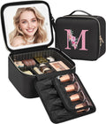 Relavel Initial Makeup Bag with LED Mirror for Women Girls, Personalized Travel Cosmetic Organizer Train Case, Birthday Gifts for Grandkids Bridesmaid Graduation Teacher Friends, Trendy Stuff, Black M