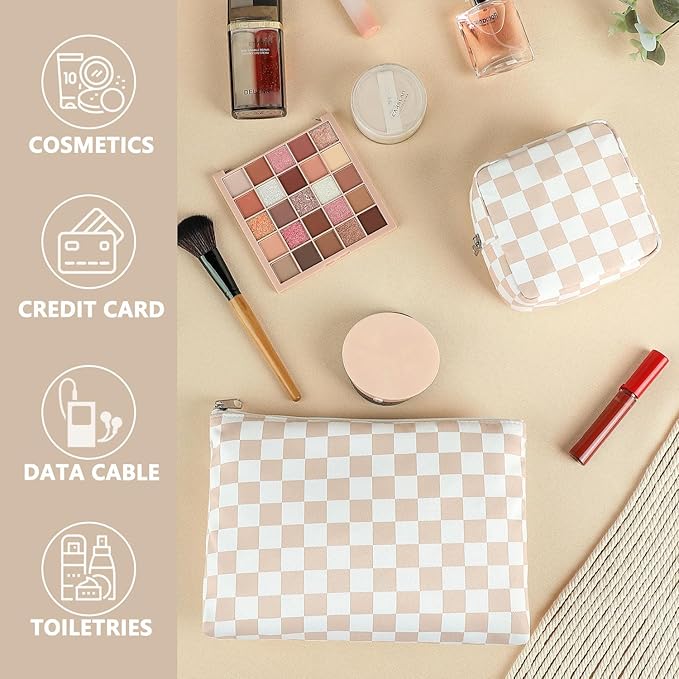 Checkered Makeup Bag, Travel Cosmetic Bag Organizer Toiletry Bag Make Up Bags with Zipper & Compartments for Women Girls