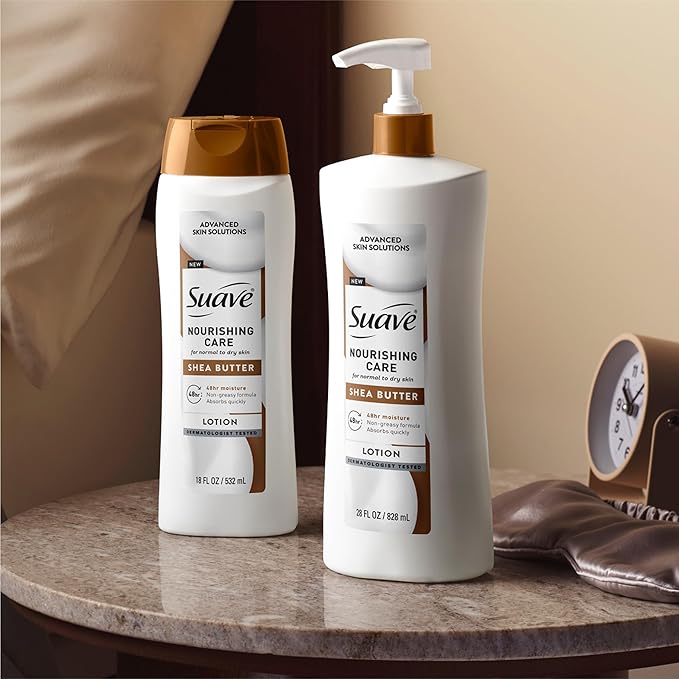 Suave Nourishing Care Hand & Body Lotion with Shea Butter for Women, Deep Moisture for Dry Skin, Fast Absorbing, Allergen Free Moisturizing Cream, 18FL OZ, 6 Pack
