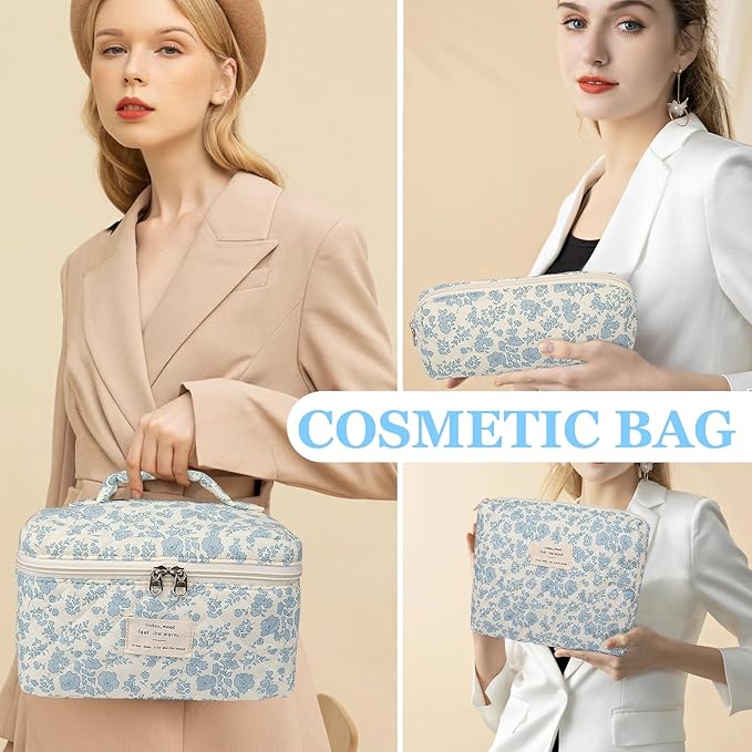 Makeup Bag Set, Quilted Makeup Bag, Large Floral Cosmetic Bag for Women, Cute Cotton Makeup Bags, Flower Travel Toiletry Organizer Bag (Rose Plaid Pattern)