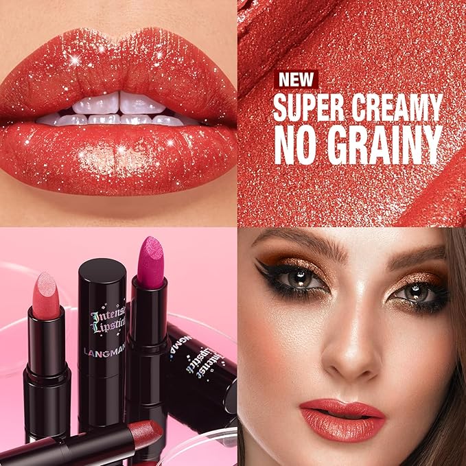 Jolilab 2 Pcs Sparkling Lipstick Lip Gloss Long Lasting Waterproof Moisturizer Lip Balm Glitter Shimmer Metallic, Diamond Shiny Bold Glow Goth Lipstick for Women Girls, Non-sticky
