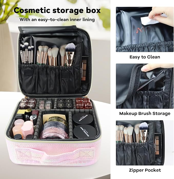 Travel Makeup Bag Makeup Cosmetic Train Case Organizer Portable Storage Bag with Adjustable Dividers for Cosmetics Makeup Brushes Toiletry Jewelry Colored Crocodile Pattern