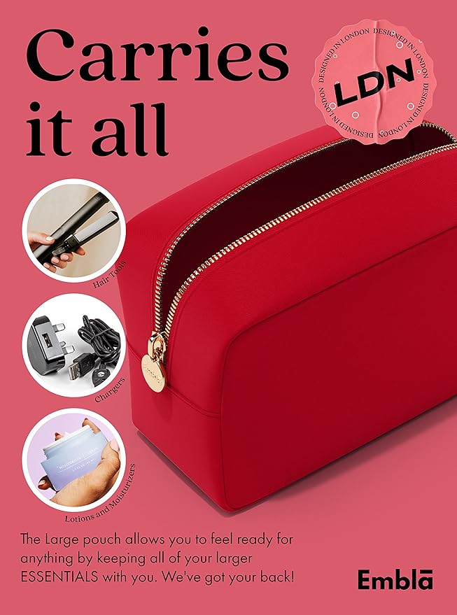 Embla Makeup Bag Travel Cosmetics Pouch and Toiletry Bag, Nylon Zipper Pouch Purse, Cute Make Up Organizer Storage Tote for Women Girls, Waterproof Travel Skincare Case, Small Makeup Bags, Ruby Red