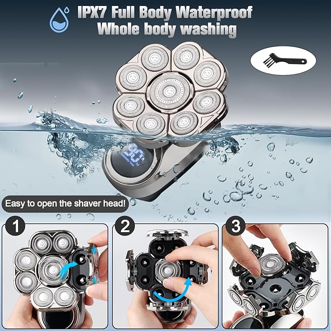 9D Electric Head Shaver for Bald Men, Upgraded 5-in-1 Head Shaver for Bald Men, Waterproof Wet/Dry Grooming Kit Electric Shaver for Men, Cordless Rechargeable Bald Head Razor for Home&Travel