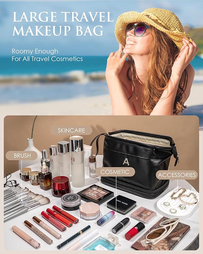 Bridesmaid Gifts for Women, Initial Makeup Bag, Personalized Double Layer Cosmetic Bag with Makeup Brush Organizer, Large Capacity PU Leather Travel Toiletry Bag, Personalized Teacher Gifts