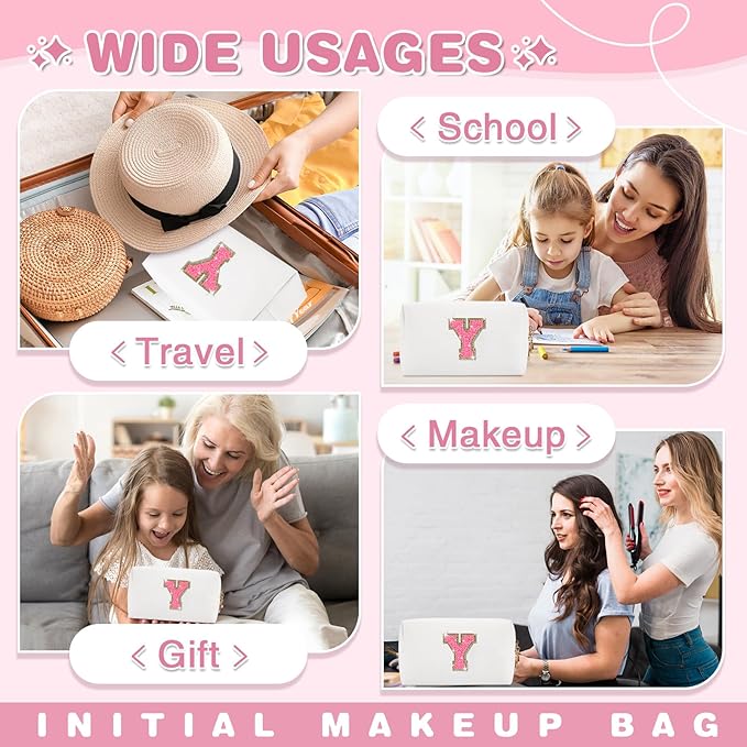 Small Personalized Initial A-Z Patch Makeup Bag,White Cute PU Leather Glitter Letter Cosmetic Bag for Teen Girls,Travel Toiletry Bag with Zipper,Preppy Monogrammed Birthday Gift for Daughter Niece Y