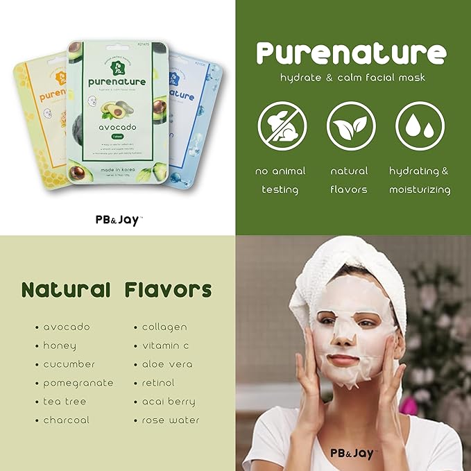 PB&Jay Purenature Hydrate and Calm Facial Mask - 12 Pack Acai Berry,Vita c,retinol and more, Made in Korea, Face Mask Skincare for Hydration, Skincare Face Mask, Moisturizing Mask for Sensitive Skin