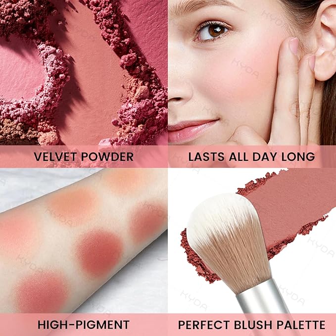 KYDA 6 Colors Blush Palette, Matte and Shimmer Blush Palette, Smooth Blendable Powder, Multiuse Blusher Makeup with Contour Highlighter-Set A