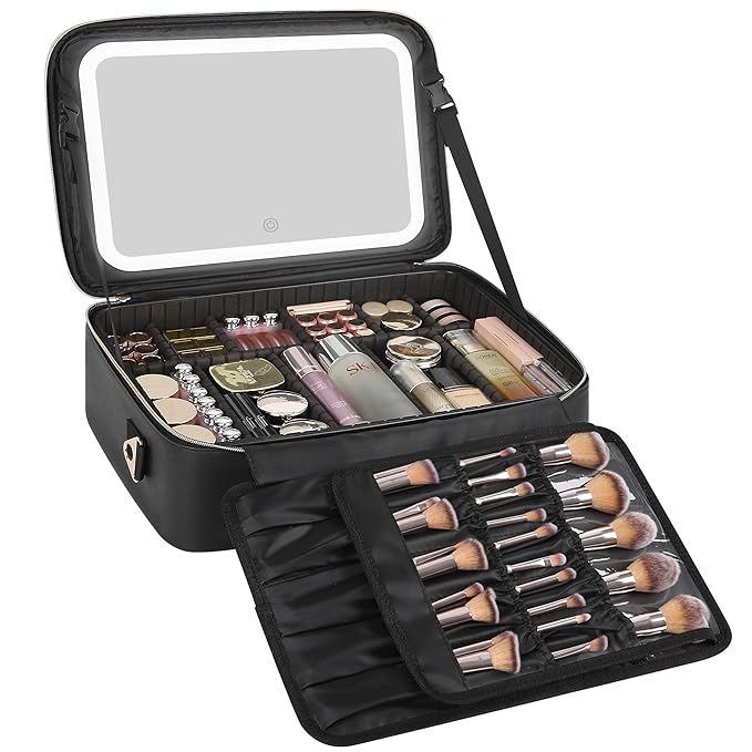 Relavel Travel Makeup Bag With LED Mirror, 16.2" Large Makeup Train Case, 3 Color Scenarios Adjustable Brightness, Waterproof Makeup Train Case Organizer with DIY Dividers for Makeup Artist, Black
