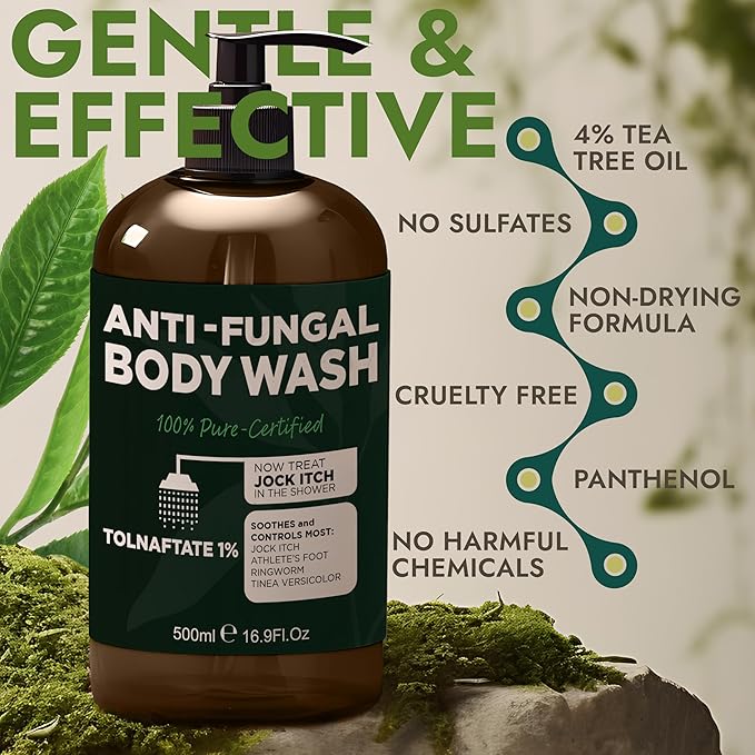 Antifungal Body Wash with Tea Tree Oil | Antibacterial Soap for Back Acne, Eczema & Jock Itch,Treats Ringworm | Antibacterial Body Soap For Men And Women (1% Tolnaftate Medicated Body Wash) 16.9 oz