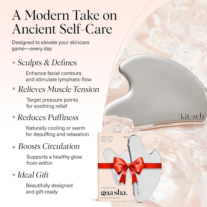 Kitsch Stainless Steel Gua Sha Facial Tools - Guasha Tool for Face, Face Sculpting Tool, Jawline Shaper, Double Chin Reducer, Body Gua Sha Tools, Lymphatic Drainage Massager, Facial Skin Care - Silver