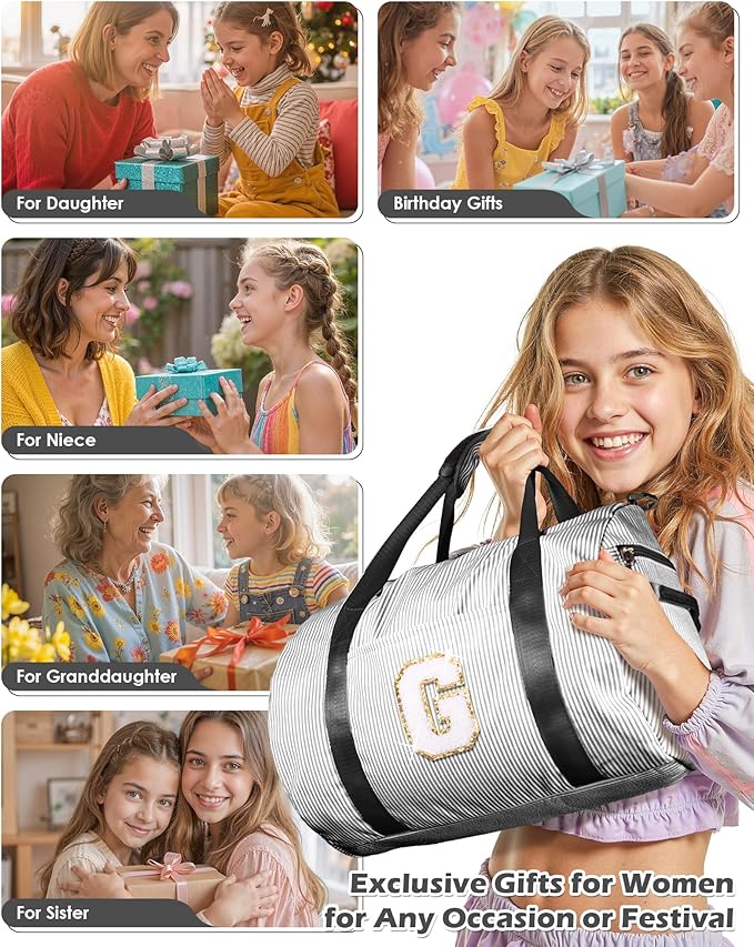 Cute Preppy Gift, Girls Travel Duffle Bag, Kids Initial Overnight Bags with Shoe Compartment, Monogram Weekender Bag with Makeup Pouch, Chenille Birthday Gifts for Teen (Letter D)