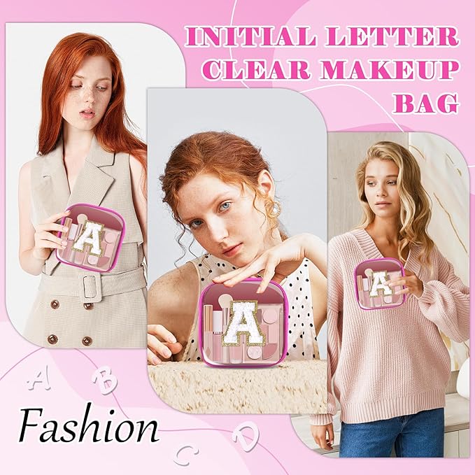 Personalized Initial Letter Clear Preppy Makeup Bag,Mini Nylon Chenille Letter Cosmetic Bag Cute Zipper Pouch Coin Purse for Teen Girls,Portable TSA Approved Travel Essentials Bag Gift for Women,A