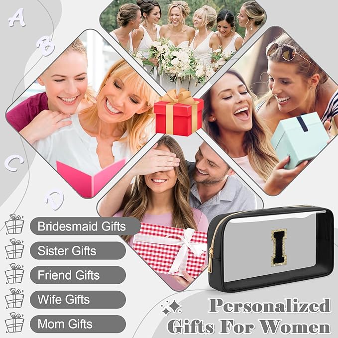 Personalized Initial Letter Clear Makeup Bag,Preppy Small Nylon&PVC Cosmetic Zipper Bag with Chenille Letter,Travel Skincare Toiletry Bag,Monogram Christmas Gift for Teen Girls Women,I
