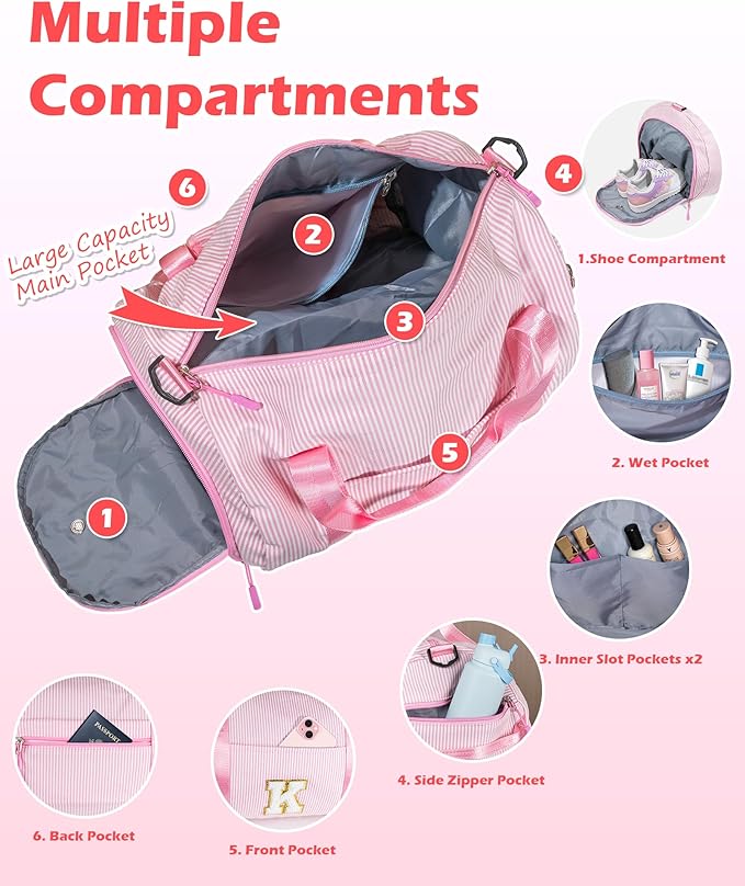 Gift for 6 7 8 9 10 Years Old Girl, Girls Travel Duffle Bag, Kids Initial Overnight Bags with Shoe Compartment, Personalized Weekender Bag with Makeup Pouch, Birthday Gifts (Letter A)