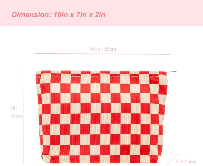 PAZIMIIK Makeup Bag Large Zipper Corduroy Make Up Pouch for Purse Travel Canvas Cosmetic Organizer for Women Brush Storage,Checkered Red