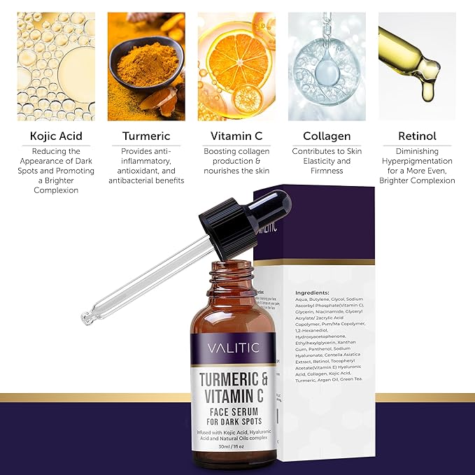 VALITIC Vitamin C Serum - Anti Aging and Dark Spot Remover for Face, Skin Care with Hyaluronic Acid, Collagen, Kojic Acid, Turmeric Oil - Brightening Face Serum 1 fl oz