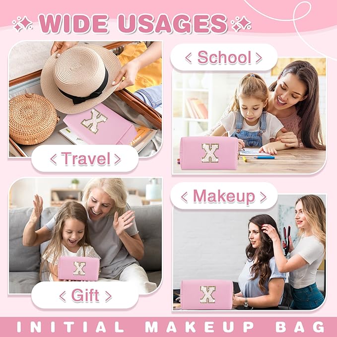 Small Personalized Initial A-Z Patch Makeup Bag,Pink Cute PU Leather Glitter Letter Cosmetic Bag for Teen Girls,Travel Toiletry Bag with Zipper,Preppy Monogrammed Birthday Gift for Daughter Niece X