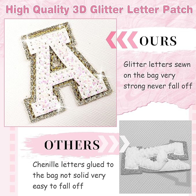 Small Initial Patch Makeup Bag Personalized Gifts Make Up Bag,White Cute PU Leather Glitter Letter Cosmetic Bag with Zipper,Trendy Portable Travel Toiletry Pouch,Preppy Stuff for Teen Girls Women L