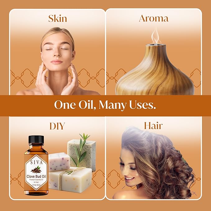 Siva Clove Bud Essential Oil - 1 Fl Oz – 100% Natural Clove Bud Oil - for Diffuser, Face, Skin Care, Aromatherapy, Hair Care, Scalp and Body Massage - with Dropper