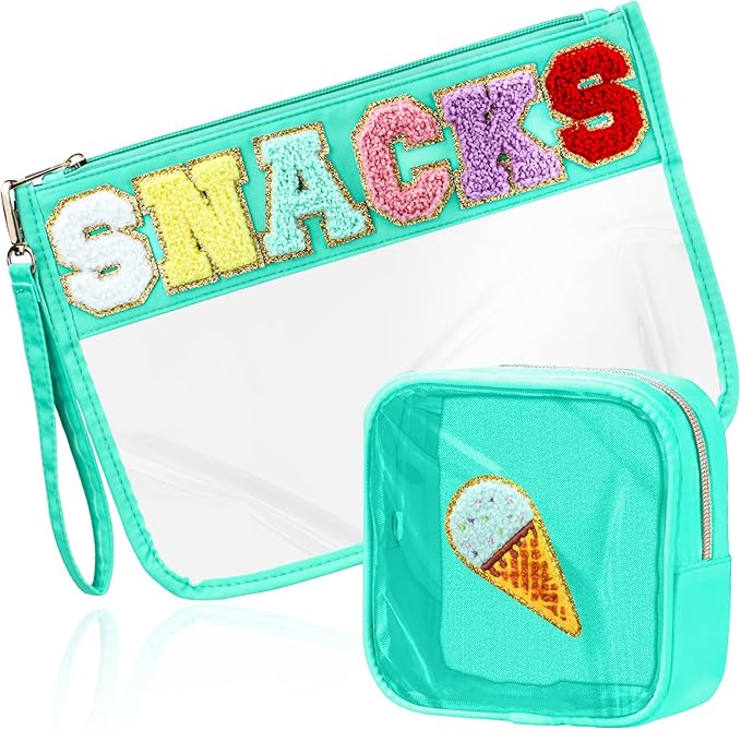 2 Pcs Snacks Bag Gifts Cosmetic Makeup Bag with Chenille Letter Patch, Clear Pouch PVC Organizer Purse, Waterproof Travel Bag, Portable Toiletry Storage Bag for Her Girls Friends Women
