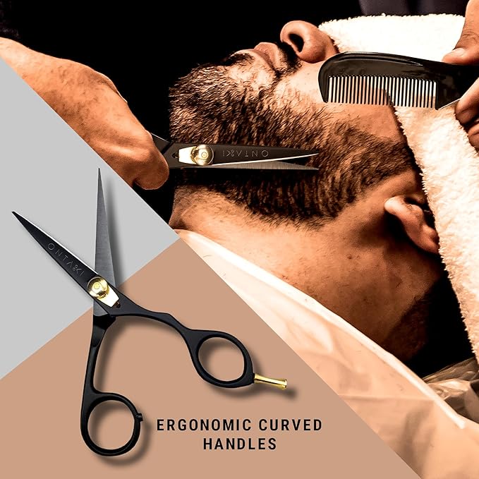 Ontaki Japanese Steel Beard Scissors for Men - 5.5" Ergonomic Black, Right-Handed - Scissors & Comb Travel Set, Beard Grooming Kit with Mustache Comb & Carry Pouch, Blunt-Tip Facial Hair Shears