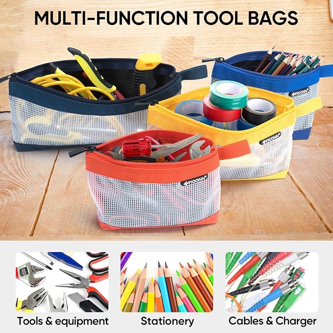 TICONN Tool Pouch, 1680D Oxford Small Tool Bag, Tool Pouches with Zipper, Clear Utility Bag Zipper Pouch for Tool Organizers and Storage (9PK Combo)