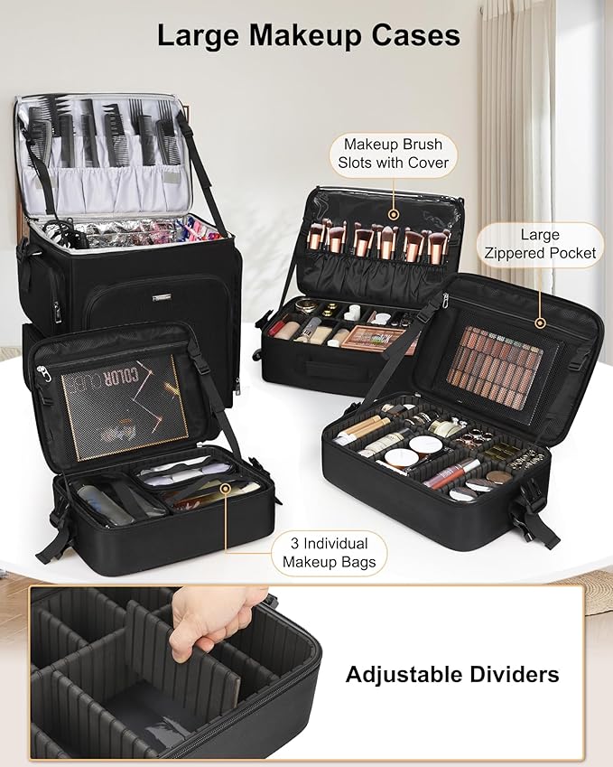 Relavel Rolling Makeup Case, 4 in 1 Hairstylist Traveling Bag Cosmetology Case on Wheels Large Hair Tools Cosmetics Train Case Makeup Artist Storage Organizer Trolley Suitcase with 360° Swivel Wheels