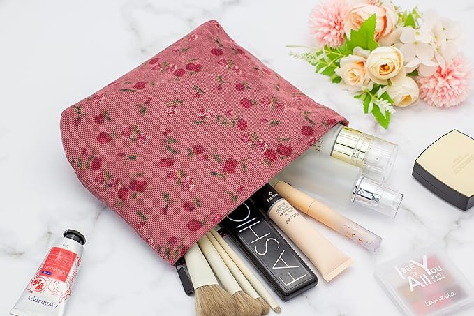 PAZIMIIK Makeup Bag Large Zipper Corduroy Make Up Pouch for Purse Travel Canvas Cosmetic Organizer for Women Brush Storage,Vintage Rose Red