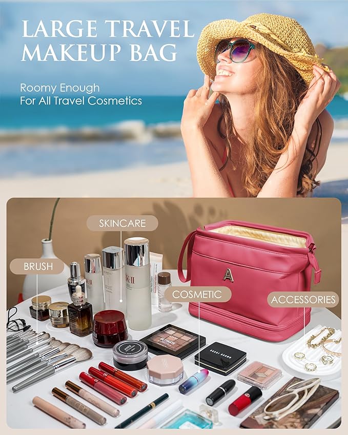 Teen Girl Gifts Trendy Stuff, Initial Large Makeup Bag, Bride To Be Gifts, Double Layer Cosmetic Bag, Waterproof PU Travel Toiletry Bag for Bachelorette Wedding Bridal, Bride Gifts