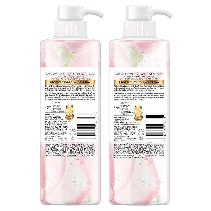 Pantene Sulfate Free Shampoo and Conditioner Set, Rose Water, Soothing and Moisturizing, Infused with Vitamin B5, for all Hair Types, Safe for Color Treated Hair, Pro-V Blend, 17.9 Fl Oz Each, 2 Pack