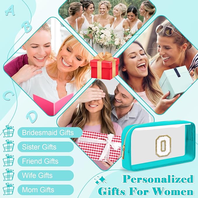 Personalized Initial Letter Clear Makeup Bag,Preppy Small Nylon&PVC Cosmetic Zipper Bag with Chenille Letter,Portable Beach Travel Skincare Toiletry Bag,Trendy Monogram Gift for Teen Girls Women,O