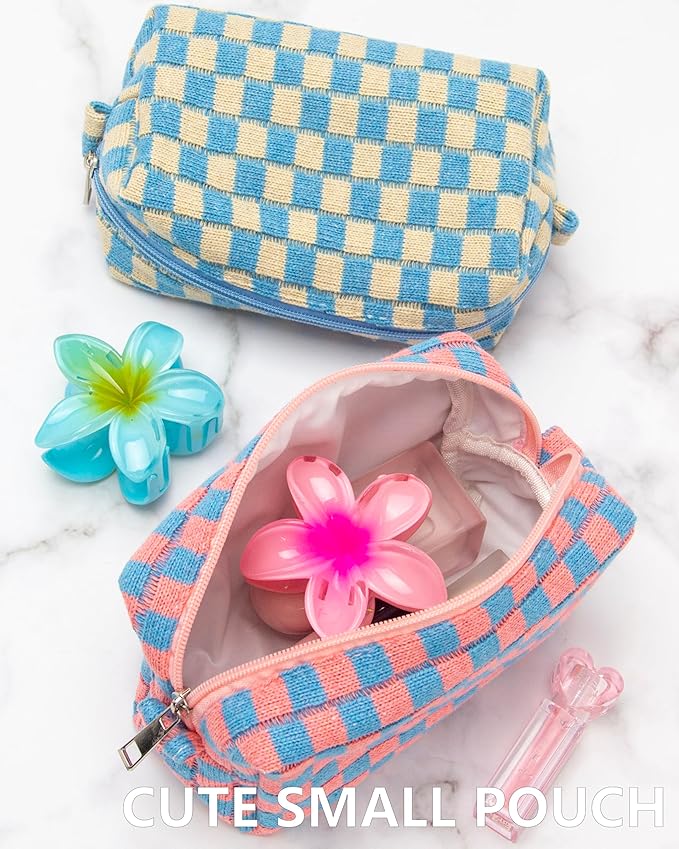 PAZIMIIK Checkered Makeup Bag for Purse Portable Zipper Make Up Pouch Small Cosmetic Case for Travel Red Blue