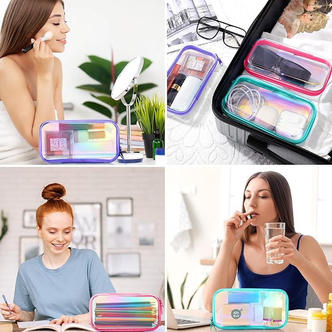 Hoolerry 3 Pcs Clear Hard Zipper Case Plastic Pouch Transparent Hard Case Clear Makeup Bag Portable Travel Organizer Bin for Cosmetics, Building Blocks, Puzzles(Laser,S)