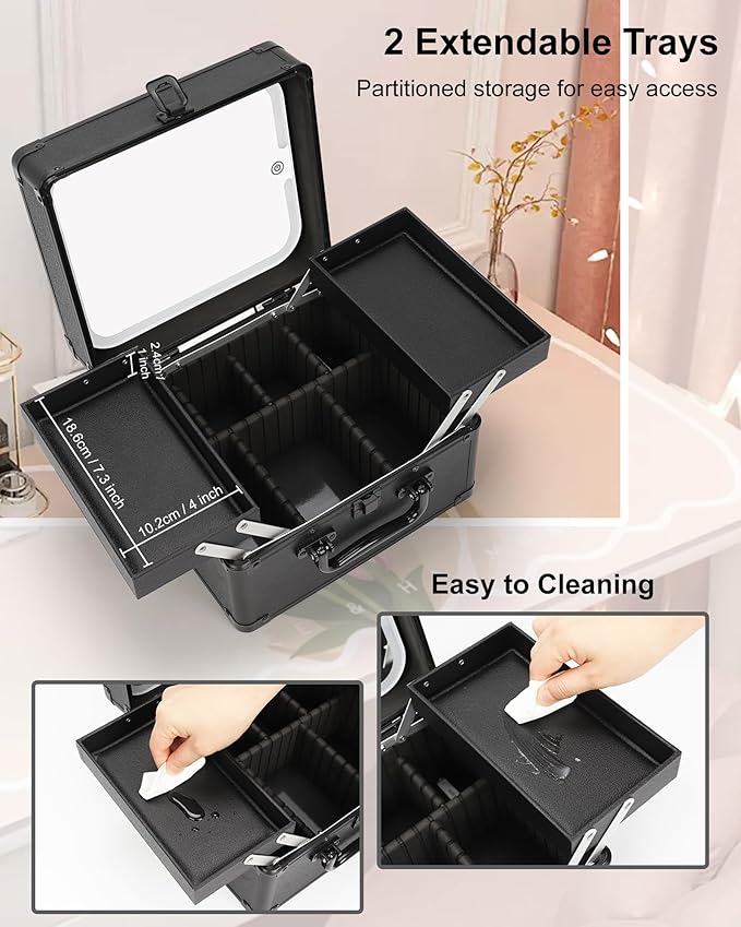 Chomeiu Makeup Bag with Mirror, Travel Train Case Large Cosmetic Organizer with 2 Trays and Vanity Mirror with LED Lights, Brush Holder Storage Box Suitcase for Nail Kits Cosmetics Craft, Black