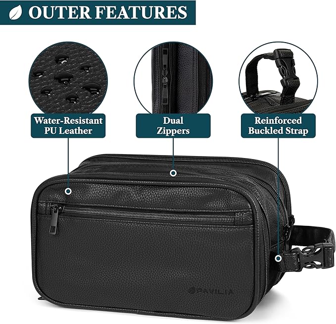 PAVILIA Toiletry Bag for Men, Travel Pouch Essentials Shaving Dopp Kit, Travel Bag Toiletries Organizer Case, Cosmetic Make Up Accessory, Water Resistant
