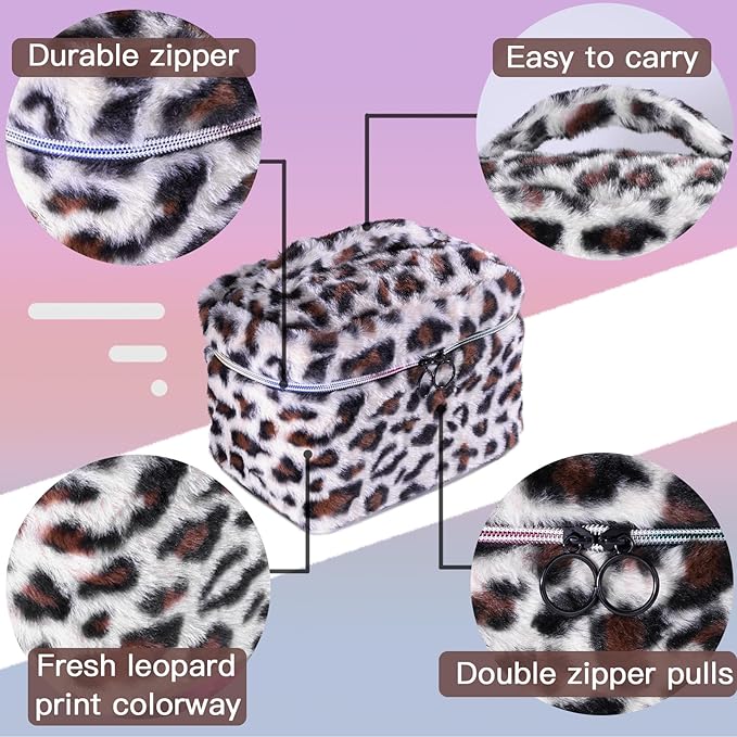 Plush Travel Makeup Bag Toiletry bag for Women Soft Fluffy Cosmetic Bag Portable Foldable (Beige Leopard)