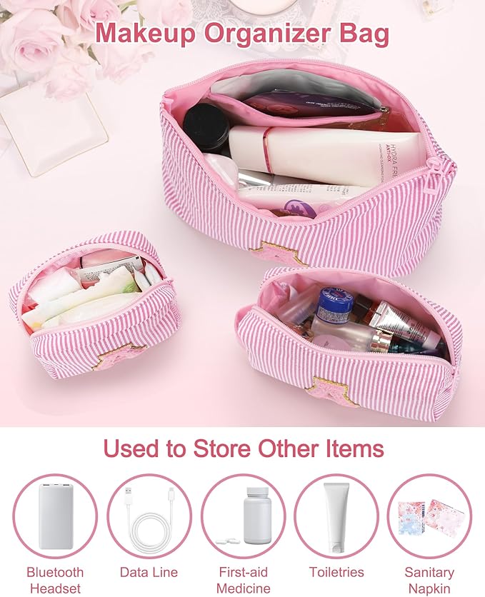 MONSTINA Personalized Initial Makeup Case and Divider for Women,Make Up Case for Girlfriend Bridesmaid Wife,Birthday Gift for Her Cute Toiletry Bag,3PCS,Pink L