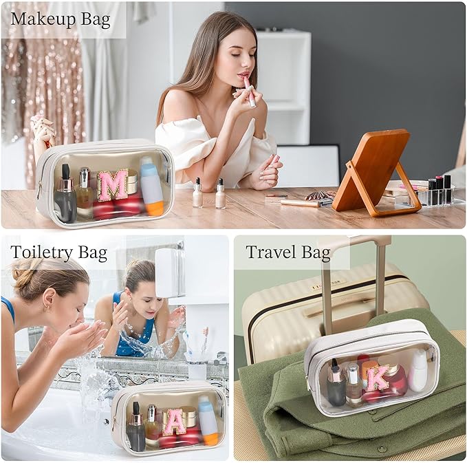 YOOLIFE Initial Make Up Bag Travel Toiletry Bag, Clear Makeup Bag Preppy Cosmetic Bag Clear Makeup Bags With Zipper Girlfriend Teacher 6 Year Old Girl Gifts Daughter Gifts Swim Gifts For Girls White R